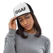 Load image into Gallery viewer, IDGAF Retro Trucker Hat [black embroidery]