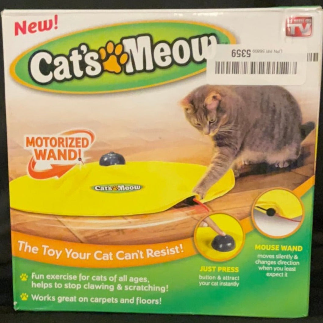 Cat's Meow cat toy. Just press a button and it instantly spins, changing directions randomly. This toy will keep your cat entertained and exercised!