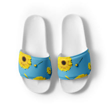 Load image into Gallery viewer, Sunflower on Cotton Candy Blue Men’s Slides